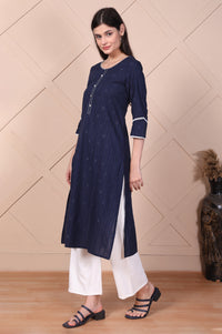 Navy Blue Textured Thread Embroidered Lurex Dobby Straight Kurta