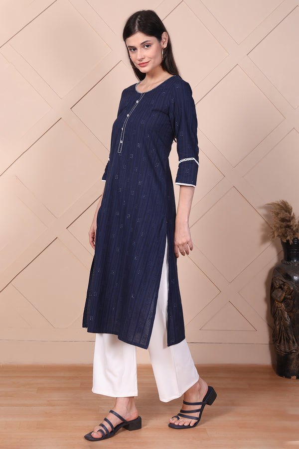 Navy Blue Textured Thread Embroidered Lurex Dobby Straight Kurta