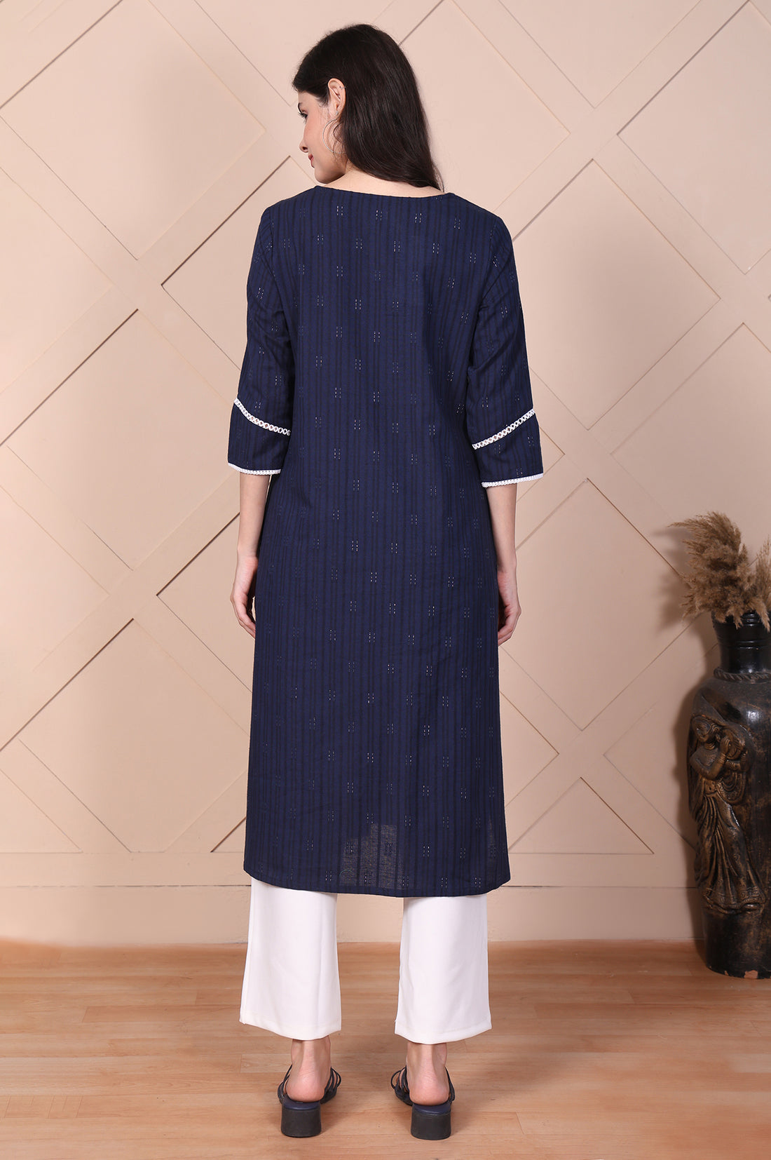 Navy Blue Textured Thread Embroidered Lurex Dobby Straight Kurta