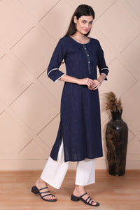 Navy Blue Textured Thread Embroidered Lurex Dobby Straight Kurta