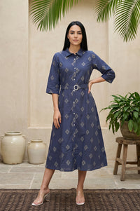 Blue Geometric Printed Cotton Blend A-line Dress