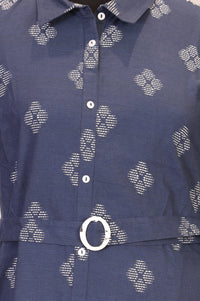 Blue Geometric Printed Cotton Blend A-line Dress