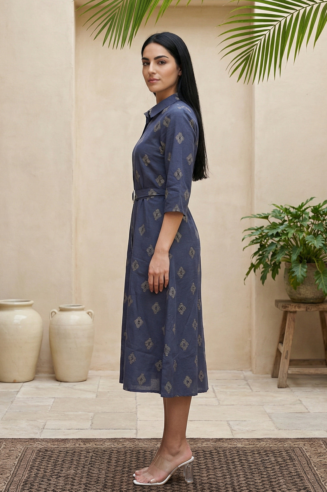 Blue Geometric Printed Cotton Blend A-line Dress