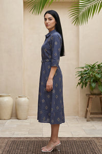 Blue Geometric Printed Cotton Blend A-line Dress