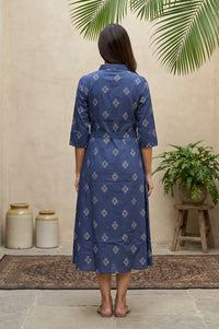 Blue Geometric Printed Cotton Blend A-line Dress
