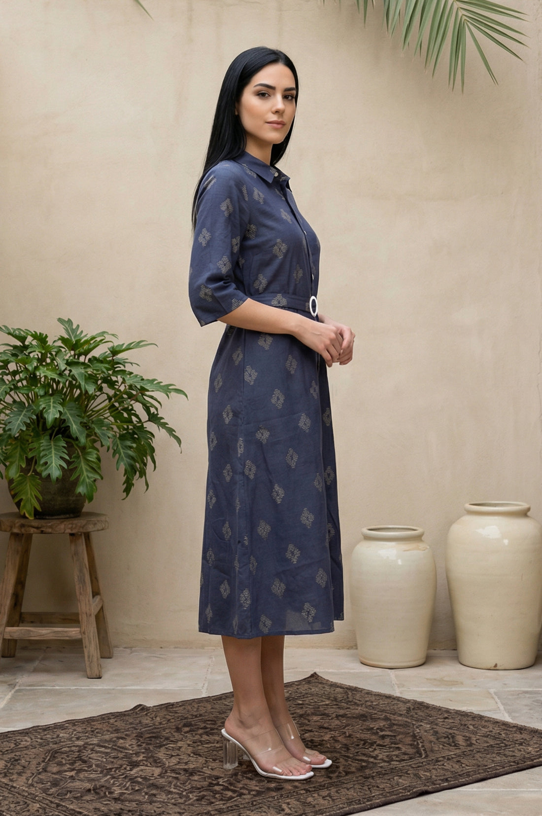 Blue Geometric Printed Cotton Blend A-line Dress