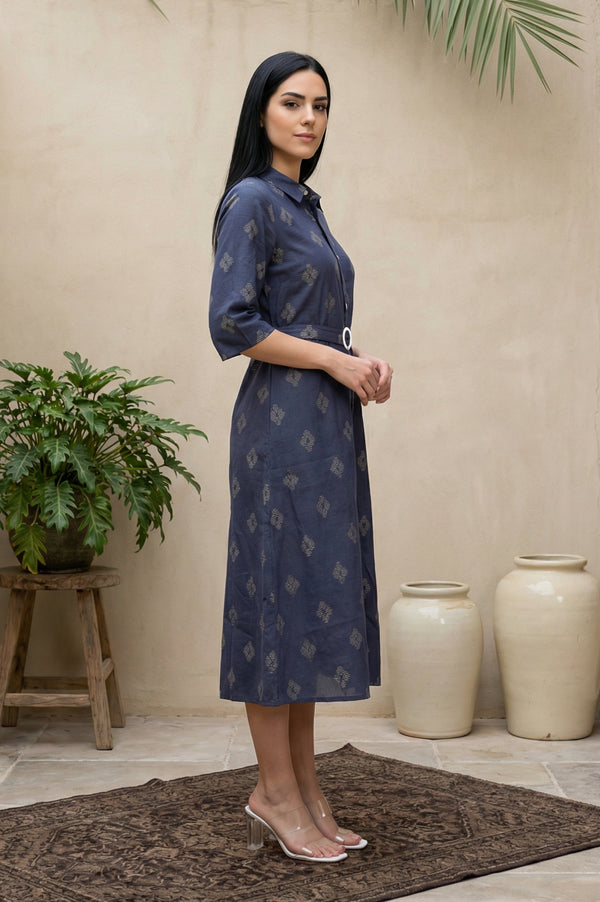 Blue Geometric Printed Cotton Blend A-line Dress