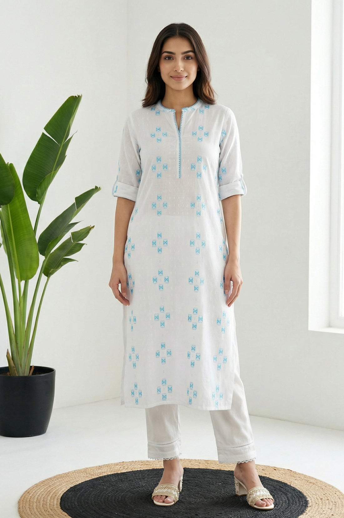 White Geometric Printed Thread Work Pure Cotton Straight Kurta