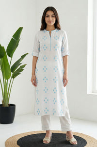 White Geometric Printed Thread Work Pure Cotton Straight Kurta