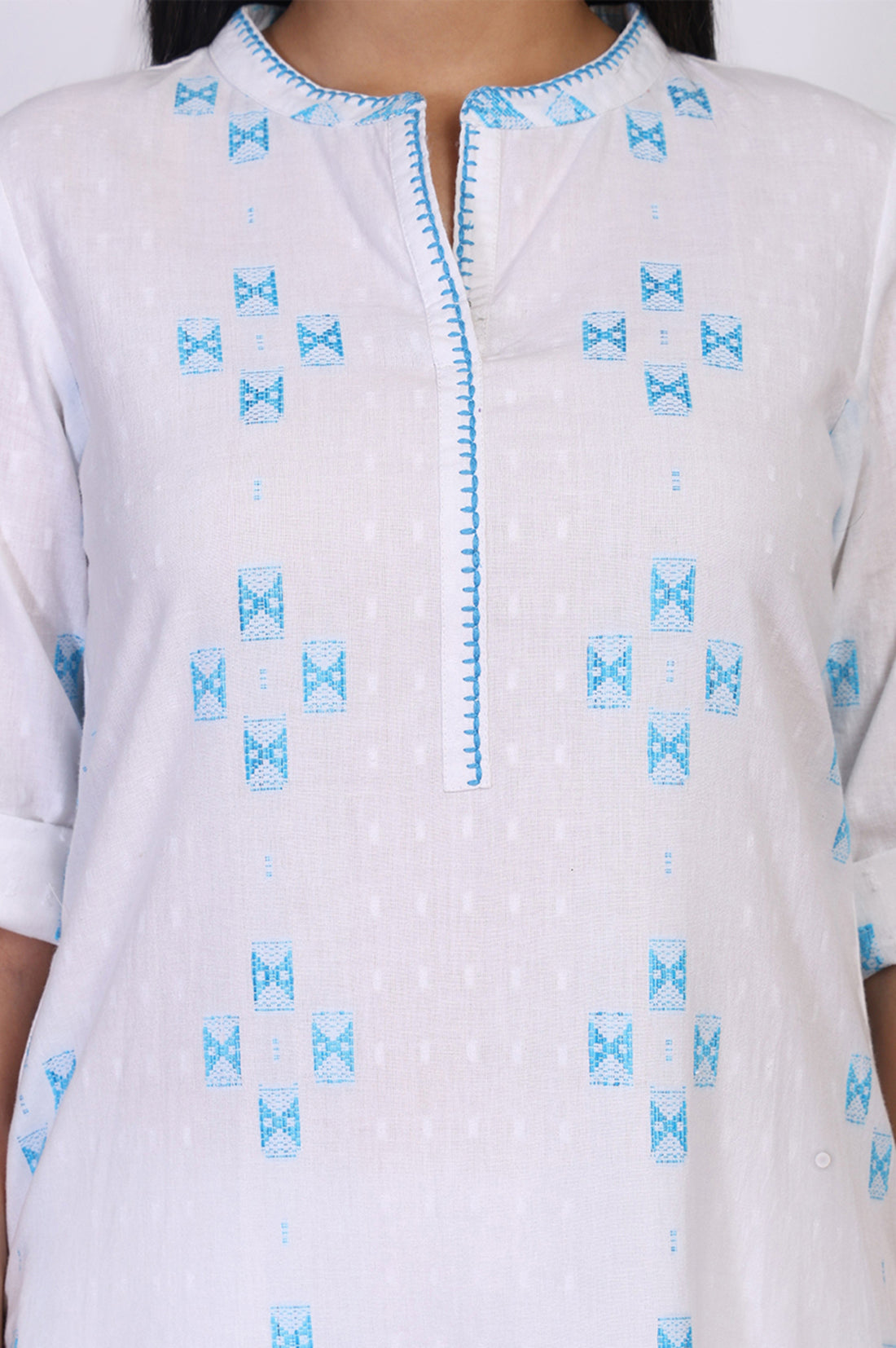 White Geometric Printed Thread Work Pure Cotton Straight Kurta