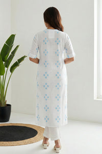 White Geometric Printed Thread Work Pure Cotton Straight Kurta