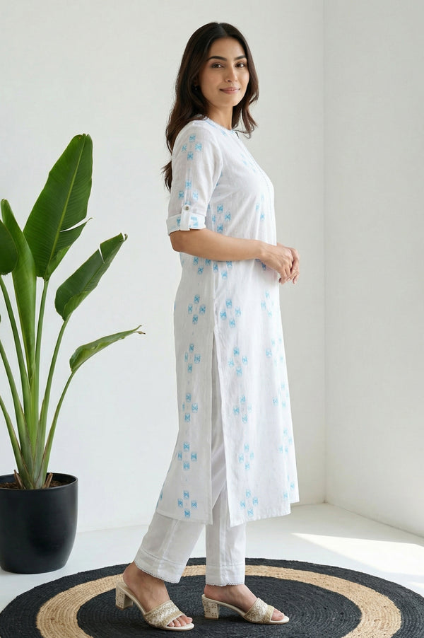 White Geometric Printed Thread Work Pure Cotton Straight Kurta