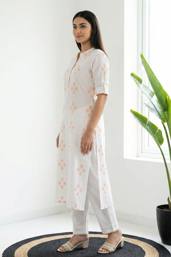 White Geometric Printed Thread Work Pure Cotton Straight Kurta