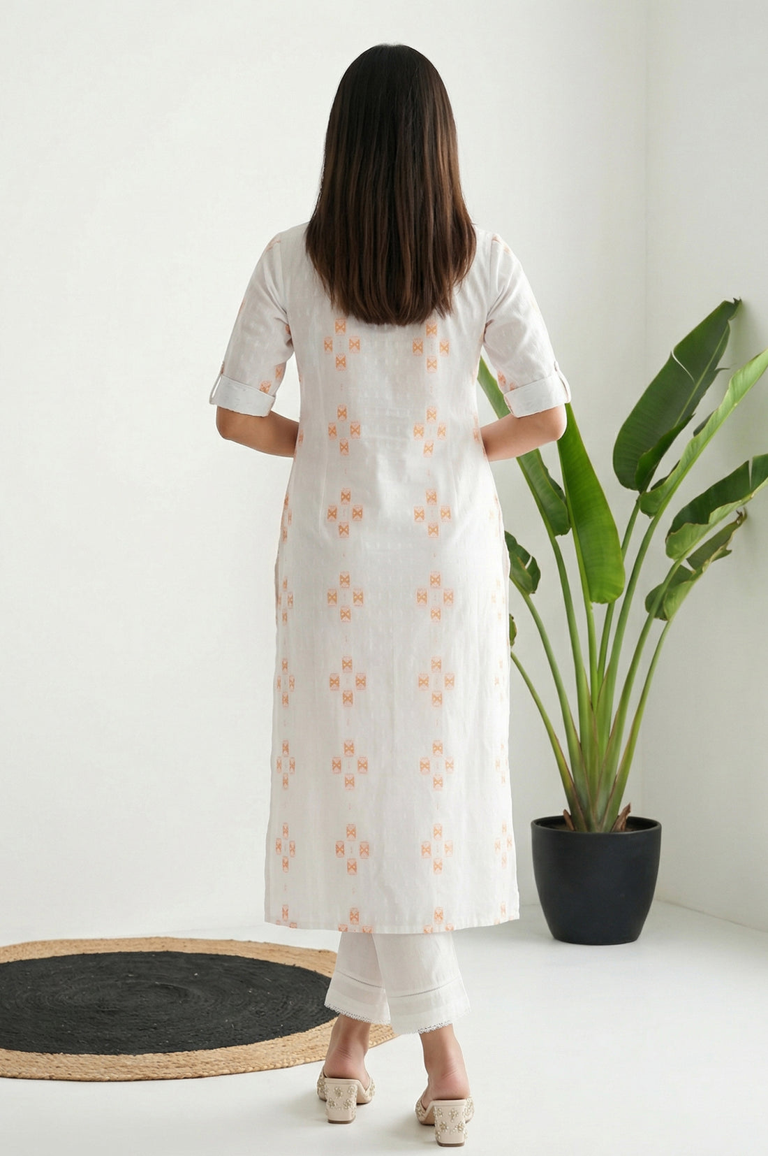 White Geometric Printed Thread Work Pure Cotton Straight Kurta