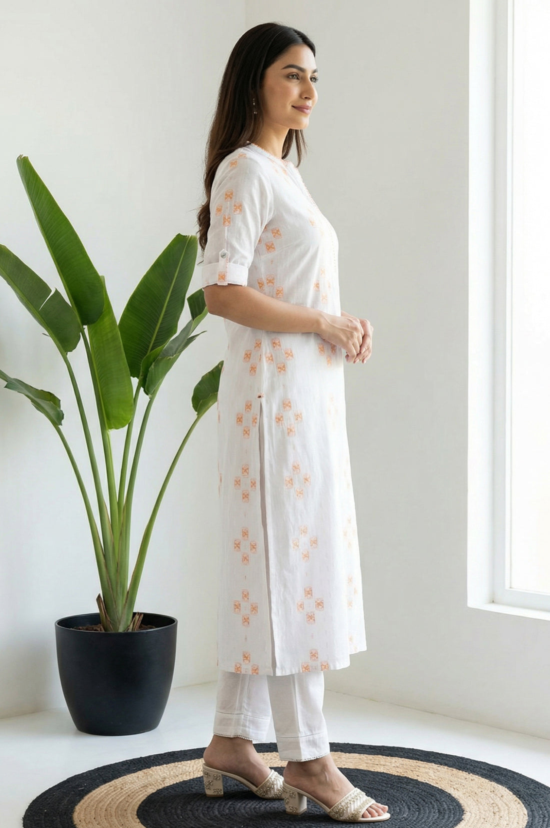 White Geometric Printed Thread Work Pure Cotton Straight Kurta