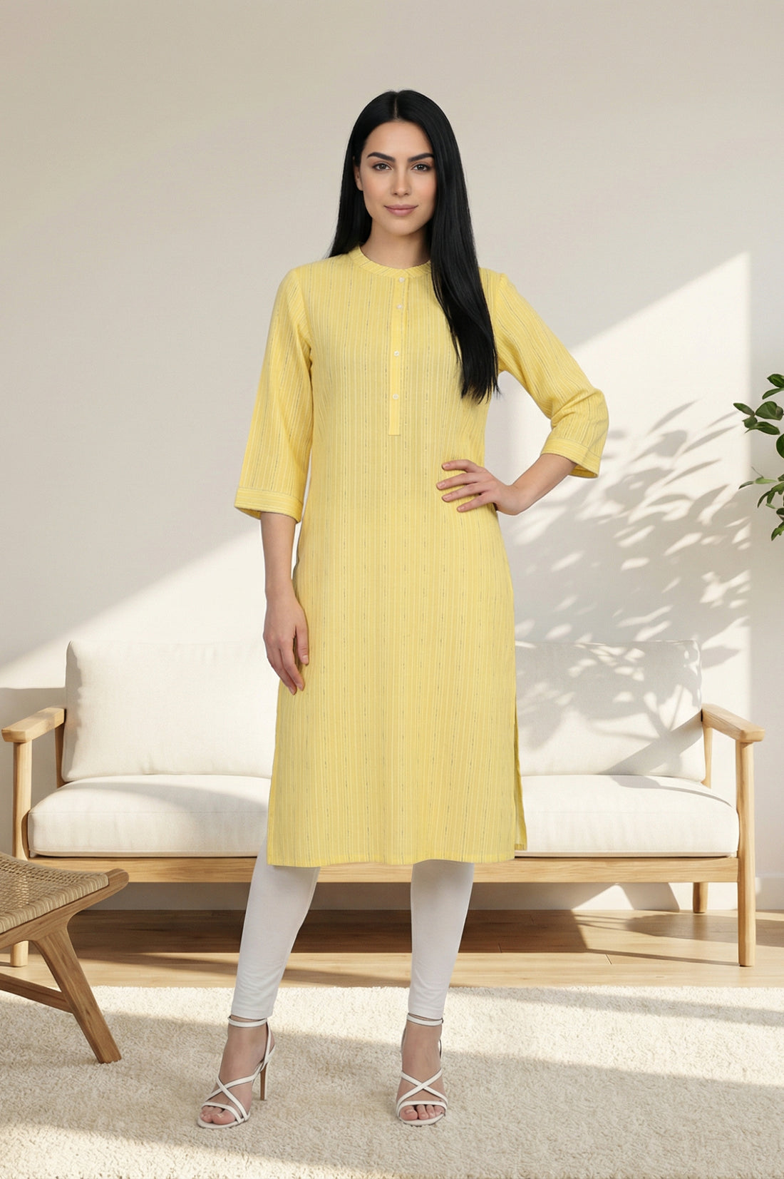 Yellow Striped Pure Cotton Straight Kurta