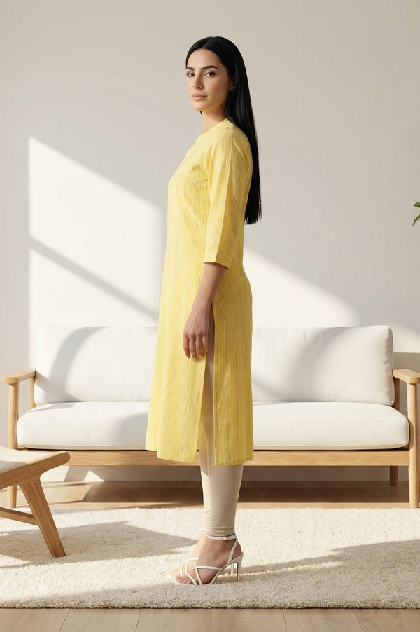 Yellow Striped Pure Cotton Straight Kurta