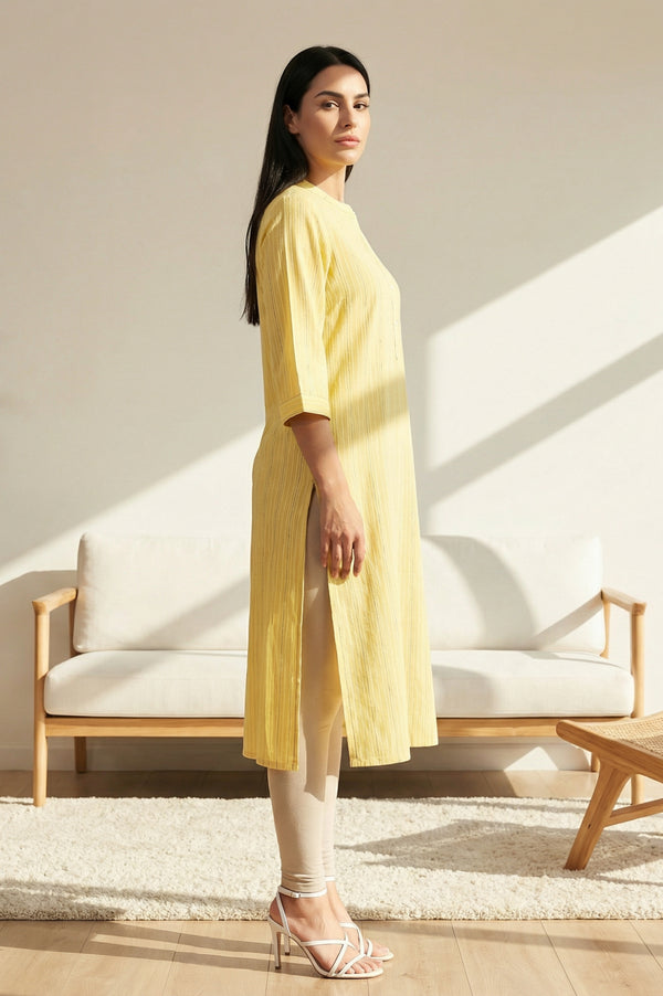 Yellow Striped Pure Cotton Straight Kurta