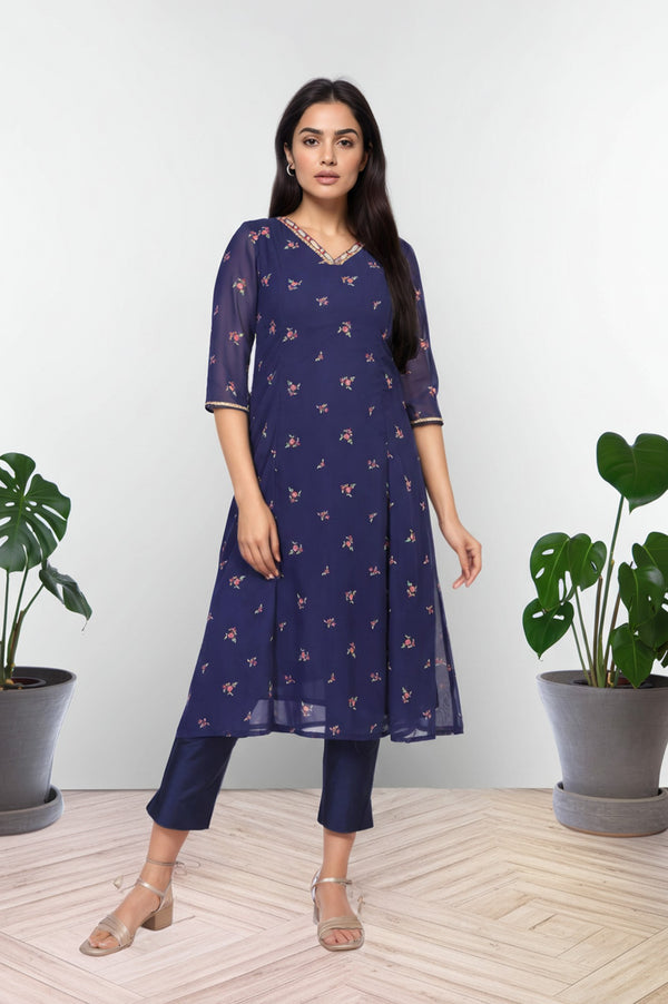 Navy Blue Embroidered A-Line Chiffon Kurta