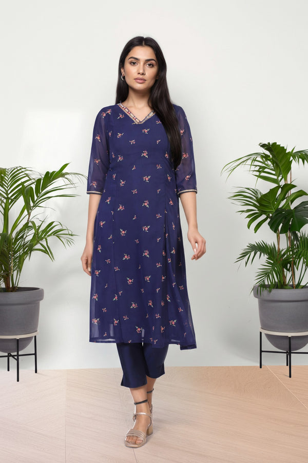 Navy Blue Embroidered A-Line Chiffon Kurta
