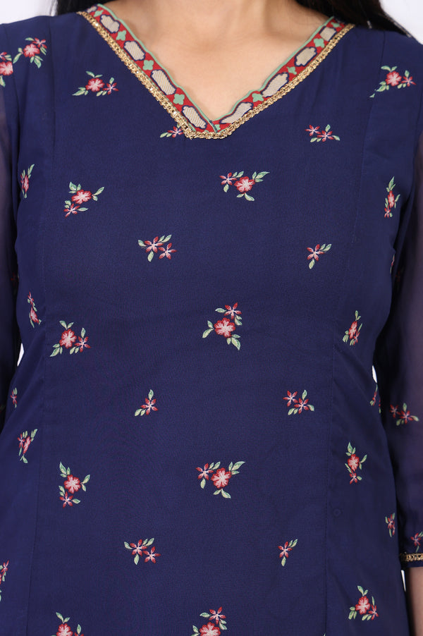 Navy Blue Embroidered A-Line Chiffon Kurta