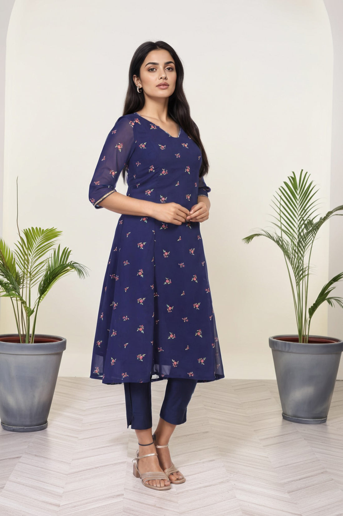 Navy Blue Embroidered A-Line Chiffon Kurta