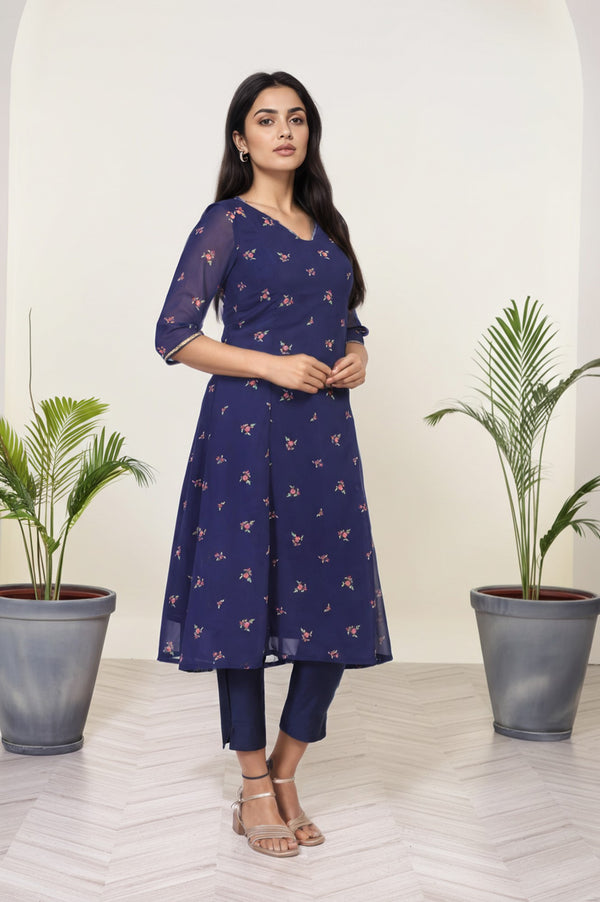 Navy Blue Embroidered A-Line Chiffon Kurta