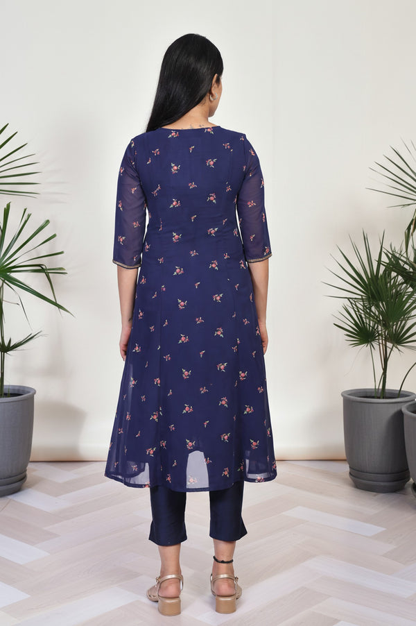 Navy Blue Embroidered A-Line Chiffon Kurta