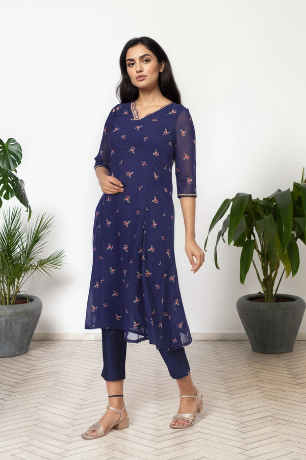 Navy Blue Embroidered A-Line Chiffon Kurta