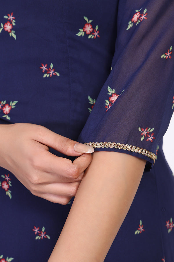 Navy Blue Embroidered A-Line Chiffon Kurta