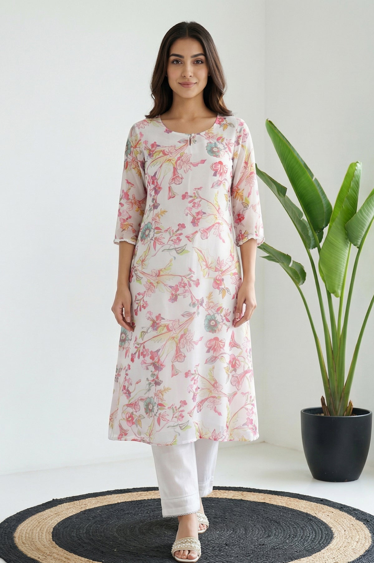 White Floral Printed Straight Kurta - XS