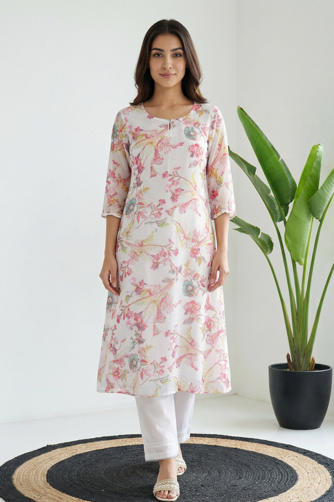 White Floral Printed Straight Kurta
