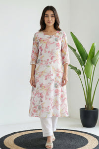 White Floral Printed Straight Kurta