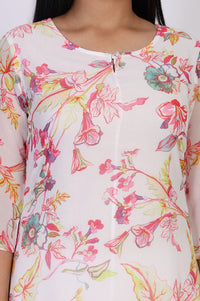 White Floral Printed Straight Kurta