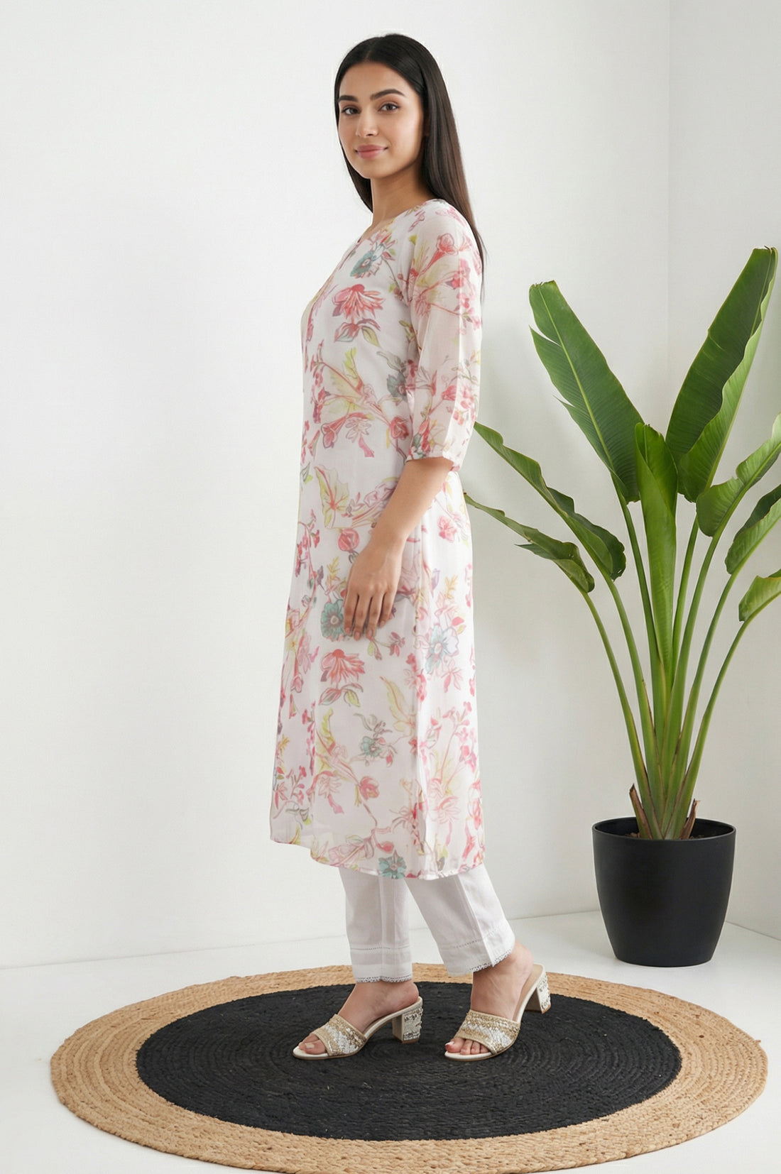 White Floral Printed Straight Kurta