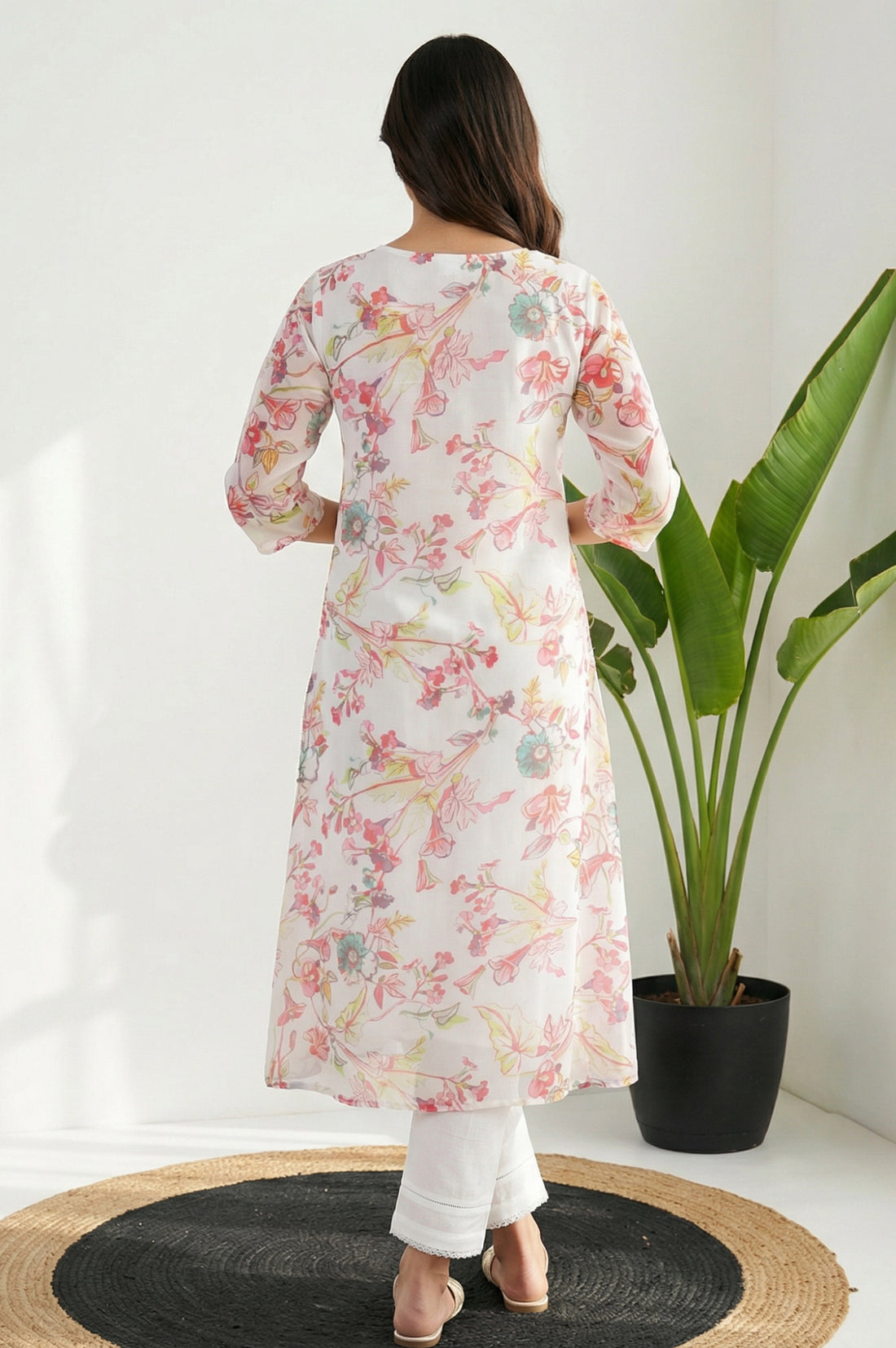 White Floral Printed Straight Kurta