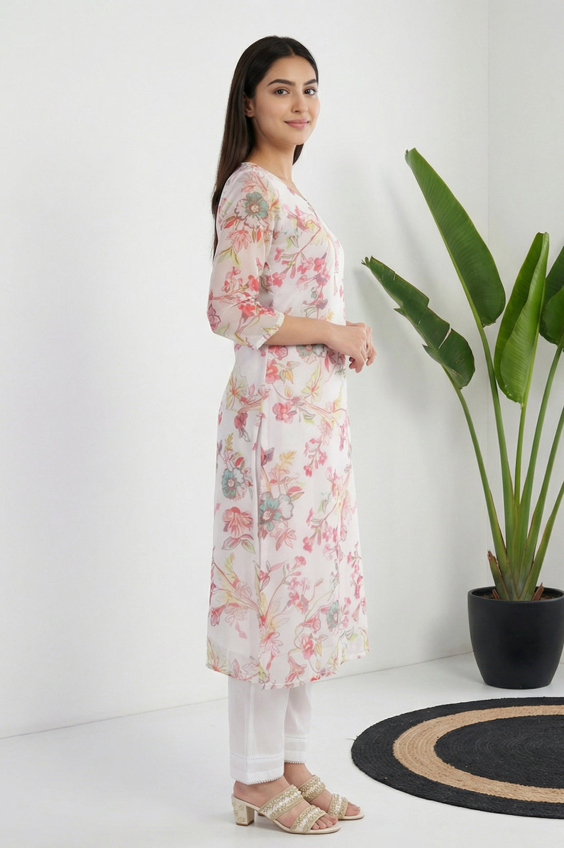 White Floral Printed Straight Kurta