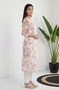 White Floral Printed Straight Kurta