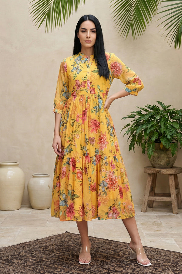 Yellow Floral Printed Flared Dress