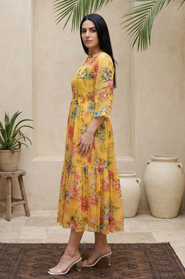 Yellow Floral Printed Flared Dress