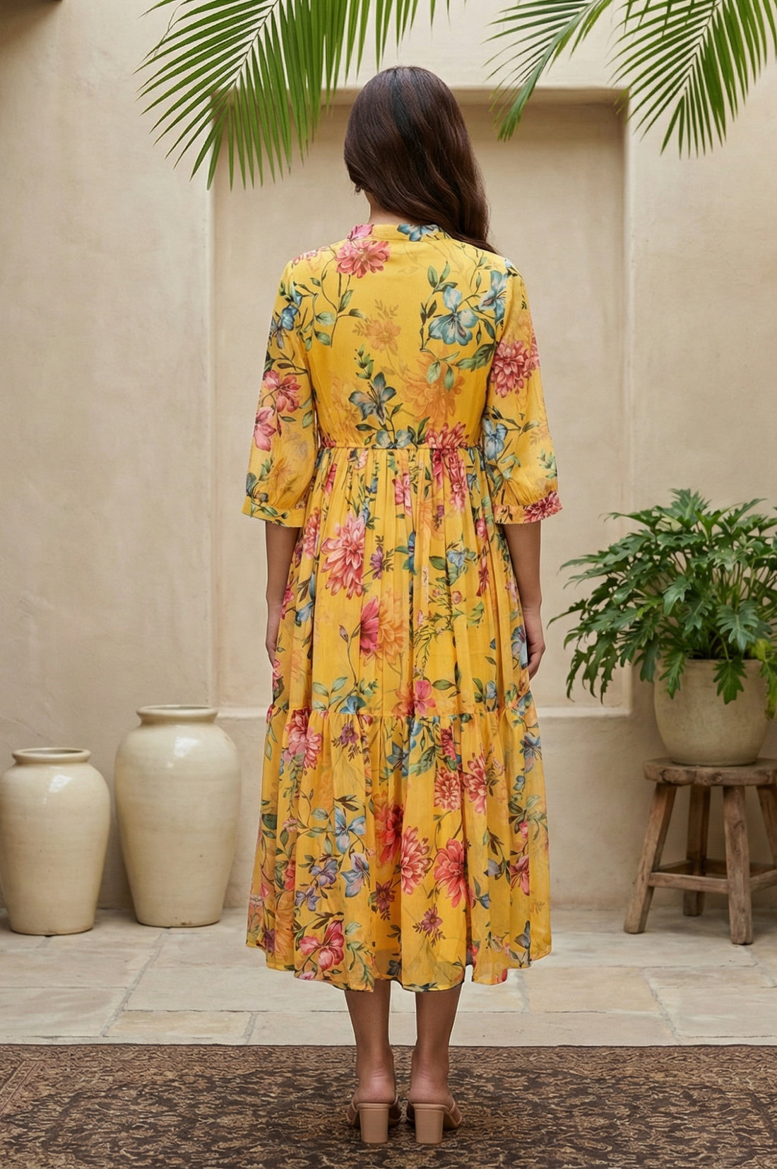 Yellow Floral Printed Flared Dress