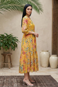 Yellow Floral Printed Flared Dress