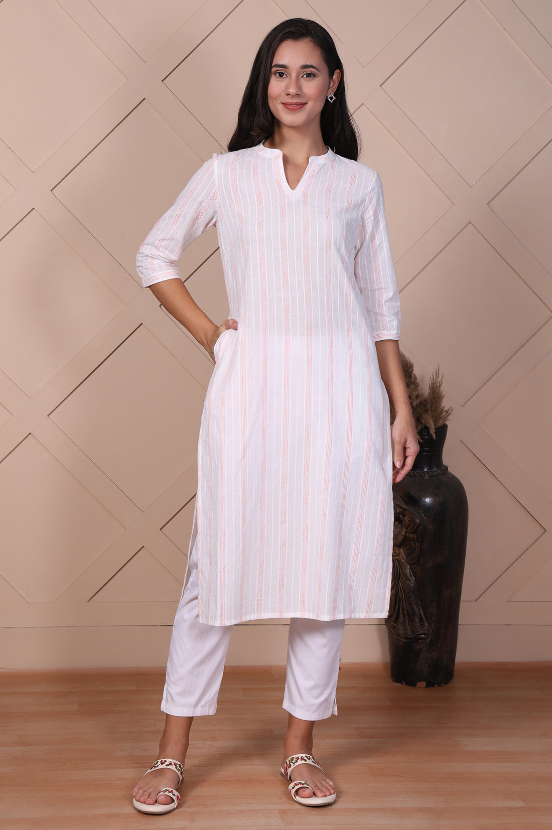 White Striped Printed Thread Embroidered Dobby Straight Kurta