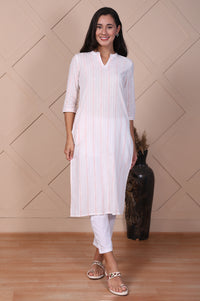 White Striped Printed Thread Embroidered Dobby Straight Kurta