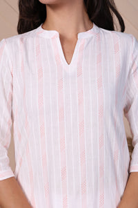 White Striped Printed Thread Embroidered Dobby Straight Kurta