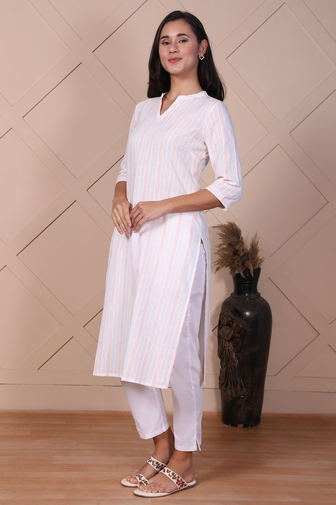 White Striped Printed Thread Embroidered Dobby Straight Kurta