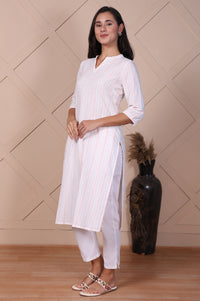 White Striped Printed Thread Embroidered Dobby Straight Kurta