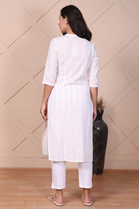 White Striped Printed Thread Embroidered Dobby Straight Kurta