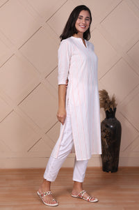 White Striped Printed Thread Embroidered Dobby Straight Kurta