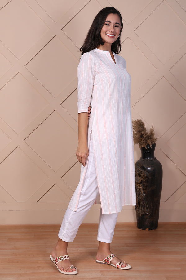 White Striped Printed Thread Embroidered Dobby Straight Kurta